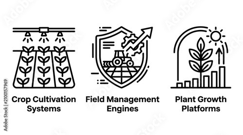 Crop cultivation systems and plant growth management icons with cultivation agriculture management irrigation agronomy automation technology agribusiness business development efficiency