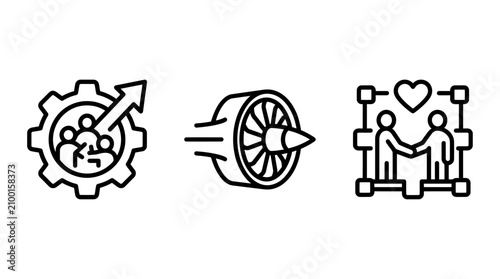 Set of engineering and teamwork outline icons featuring gear jet engine and business handshake engineering teamwork handshake business industry mechanical collaboration partnership aviation