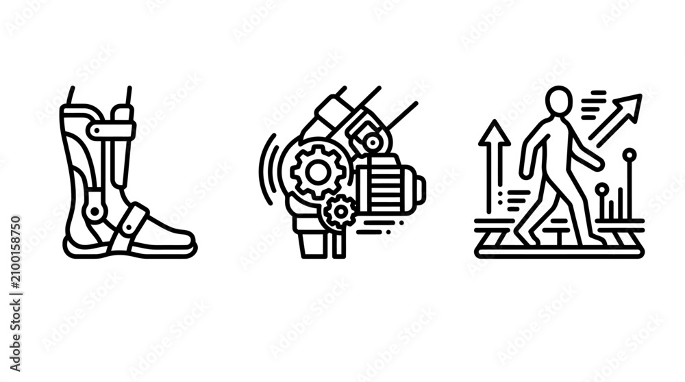 Obraz premium Medical orthopedic support and gait rehabilitation technology icons with orthopedic rehabilitation technology mobility biomechanics progress analysis movement physiotherapy healthcare