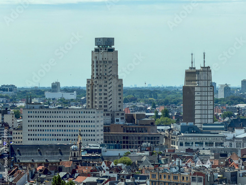 Panoramic skyline view of Antwerpen, België showing the historic Boerentoren KBC tower and modern city architecture