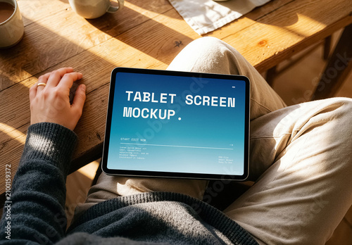 Tablet Mockup In Person Hands Home Device Scene