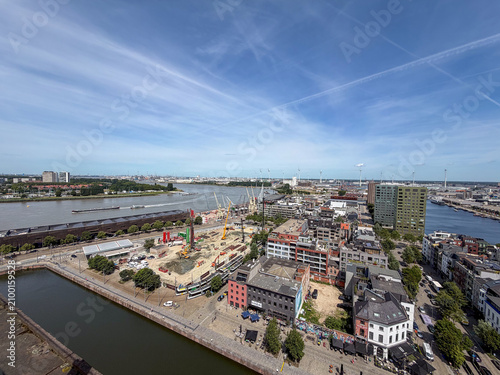 Aerial panoramic view of Nieuwstad-Cadix district construction site and Scheldt river in Antwerpen, België