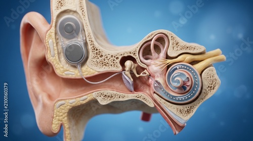 A detailed illustration of a human ear with a cochlear implant and its internal anatomy