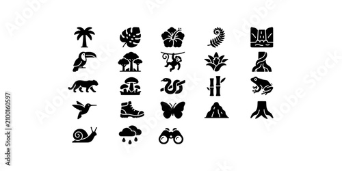 Photography Icon set collection of rainforest, jungle, and tropical nature elements featuring exotic flora, wildlife, and outdoor adventure hiking gear