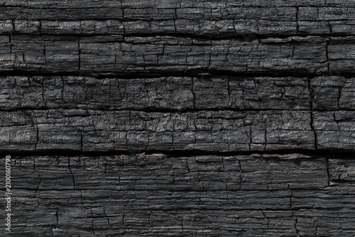 Charred Burned Wood Surface Black Carbonized Texture Cracks Grain Closeup Background