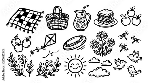 Picnic doodle vector set with basket blanket sandwich lemonade sun and birds line art icons for summer outdoor recreation design