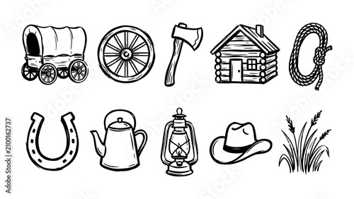 Obraz na płótnie Wild West and pioneer life vector icon set with cowboy hat wagon wheel log cabin