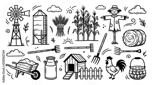 Tableau sur toile Hand drawn farm doodle vector set with windmill scarecrow rooster and agricultur
