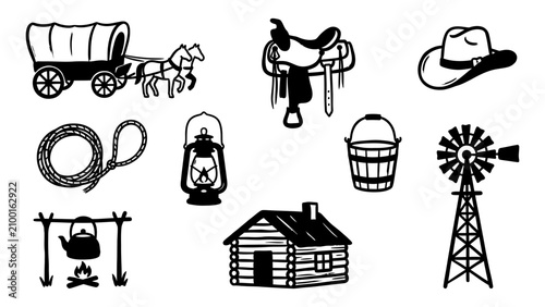 Quadro su tela Wild west cowboy and pioneer vector icon set featuring covered wagon saddle hat