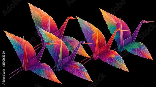 Colorful Neon Origami Birds with Bright Wings on Black Background
