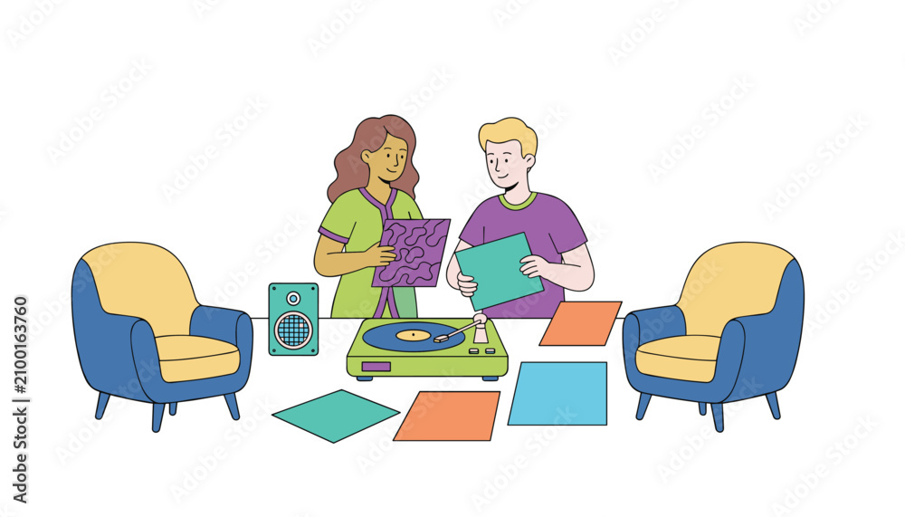 Fototapeta premium Young couple chooses vinyl music records to play on green turntable while standing in living room near two comfortable armchairs.