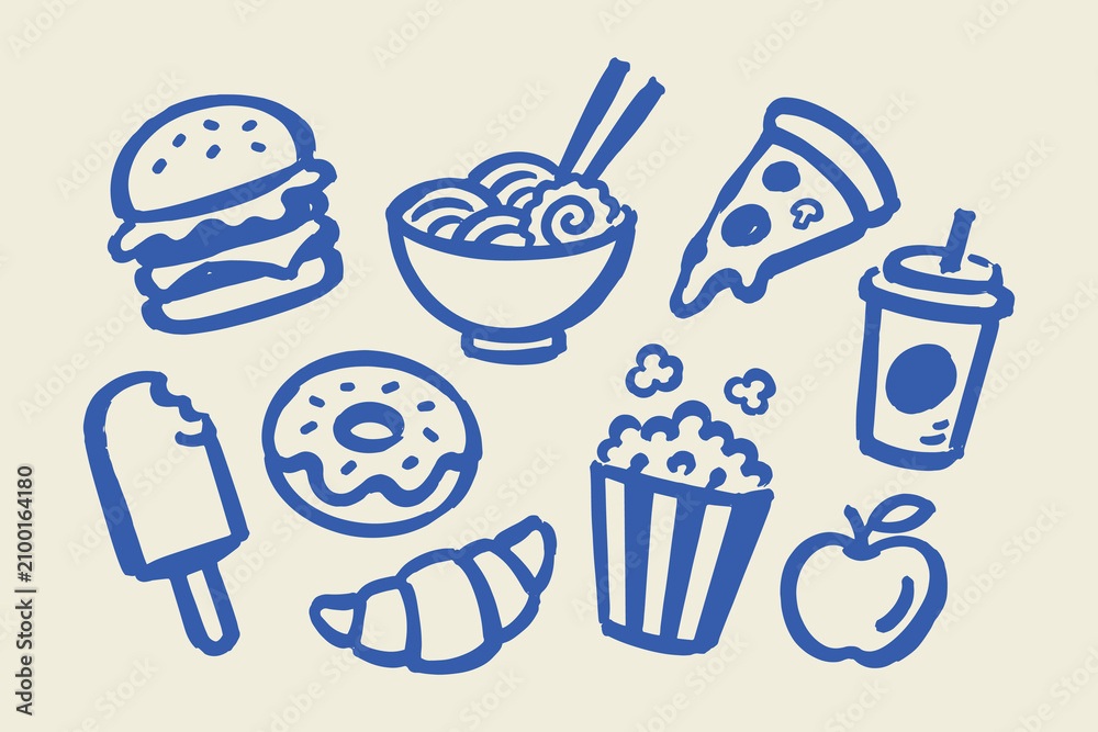 Fototapeta premium Fast Food Snack Icons Blue Doodle Set Vector