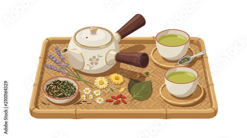 Cuadro en lienzo Japanese Tea Ceremony Set with Green Tea, Herbs, and Flowers on Bamboo Tray