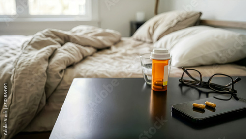 Pill bottle glass of water glasses and phone on nightstand in unmade bedroom