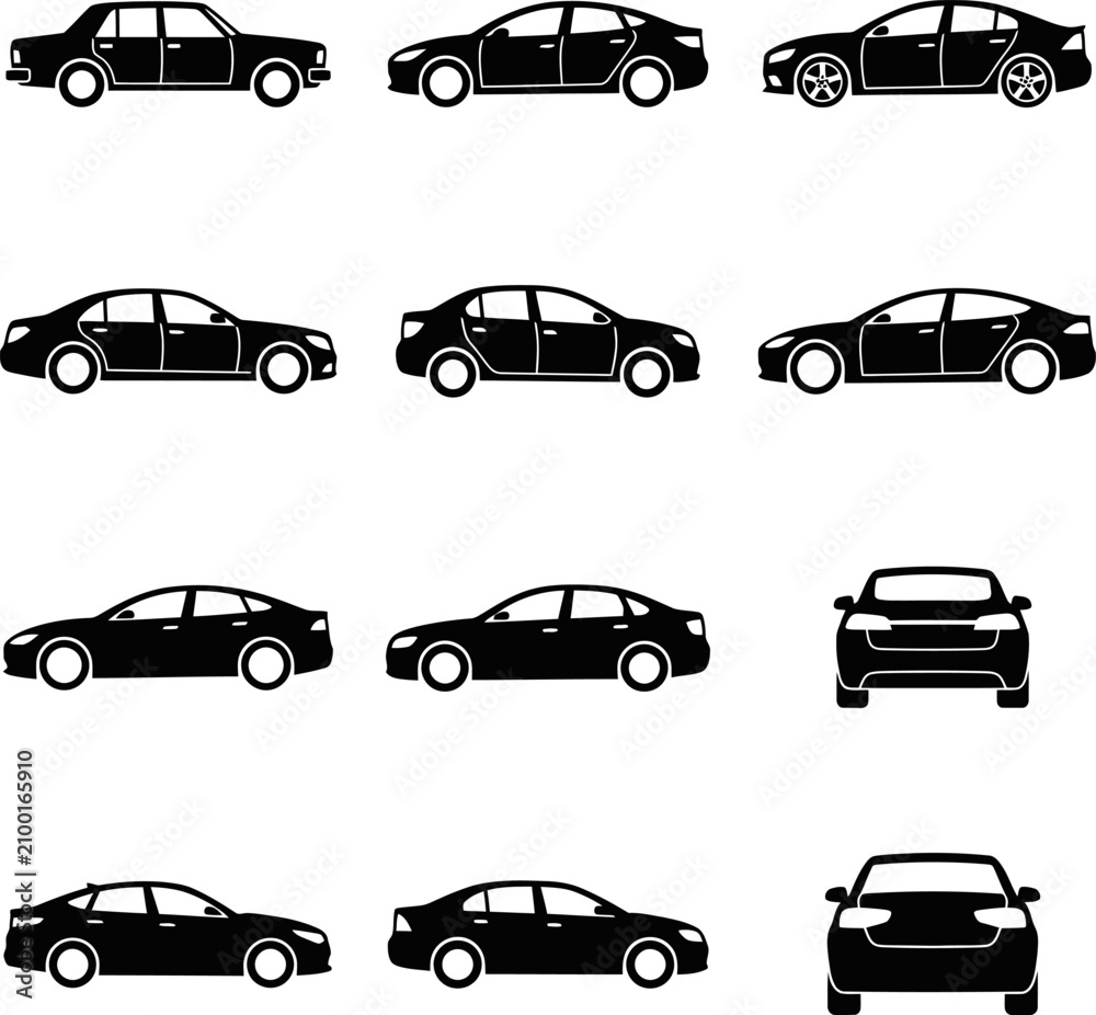 Obraz premium Collection of black sedan car silhouettes from various angles on white background for automotive design