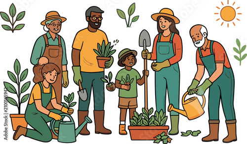 Diverse group of people gardening together outdoors including community members family senior citizens and child vector flat colorful illustration.
