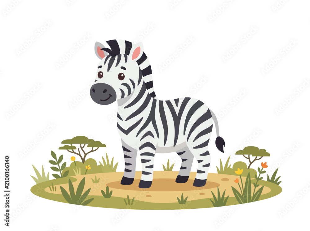 Obraz premium A cute cartoon zebra standing in a savanna landscape.