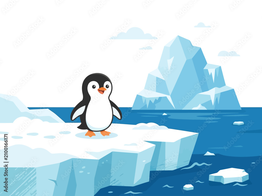 Obraz premium A cute cartoon penguin standing on a floating ice floe in the arctic.