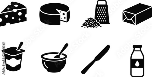 Minimal cheese dairy icon set black silhouette vector collection
