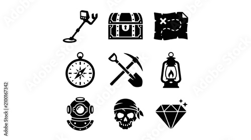 Black and white vector icons of pirate treasure hunting equipment, including metal detector, chest, map, compass, tools, lantern, helmet, skull, diamond.