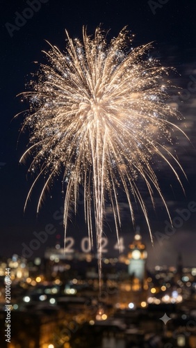 Golden sparkling fireworks celebrating New Year with glowing bokeh countdown, vertical festive view.