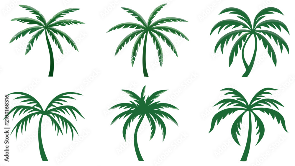 Fototapeta premium Six Green Palm Tree Illustrations With Varying Frond Shapes