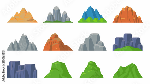 Фотография Stylized mountain terrain icons flat vector illustration on white background