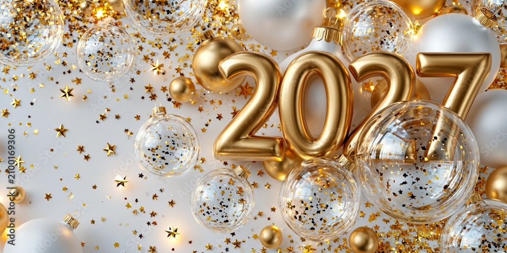 Obraz premium Shiny gold 2027 balloons surrounded by festive glass baubles and scattered star confetti on a white background.