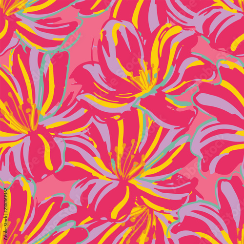 Eye catching seamless pattern featuring bright pink, yellow, and purple painterly tropical hibiscus flowers with a bold brush stroke texture.