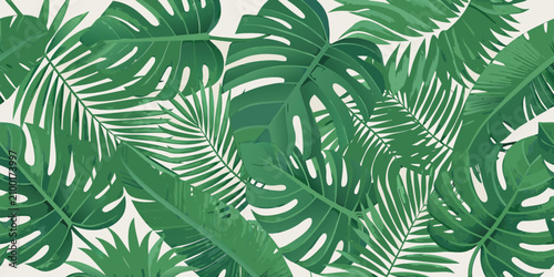 Canvas Print Tropical Leaf Pattern Dense Repeating Illustration With Green Tones