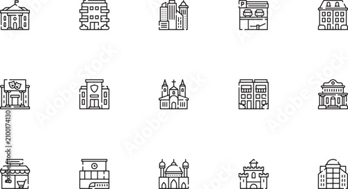 Bild auf Leinwand Urban Architecture icon set showcasing diverse city buildings featuring multi st