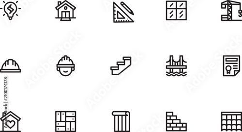Building Construction icon set highlighting property engineering featuring hardhat workers wooden stairs suspension bridges brick walls and blueprints outline
