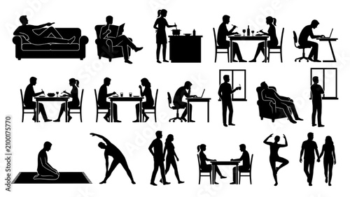 Architectural Interior People Silhouette Collection with Home Lifestyle Vector Set
