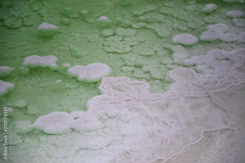 Cuadro en lienzo Aerial view of salt crystallization at Emerald Lake (翡翠湖) in Qinghai, China, showcasing vibrant turquoise and green colors of the salt lake