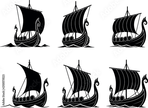 Foto Viking Longship Collection, Traditional Norse Dragon Boats Silhouette Vector Set