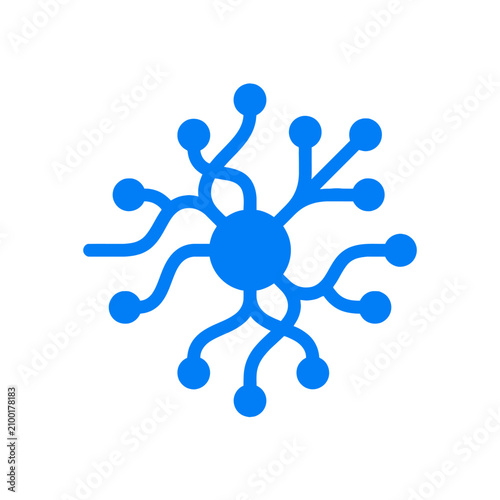 Fotografie Isolated blue neuron cell structure with branching dendrites and axon on white b