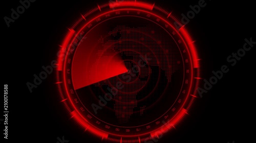 A red radar screen displays a digital world map and sweep. This radar screen represents military sonar and global monitoring. Use this radar screen loop for tech video.