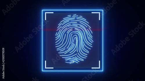 A blue neon fingerprint scan glows with a red security laser. This fingerprint scan represents modern biometric identification. Use this fingerprint scan loop now.