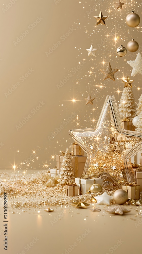 Obraz premium Luxurious gold and white holiday composition featuring glass star frame, miniature trees, gifts, and festive glitter.