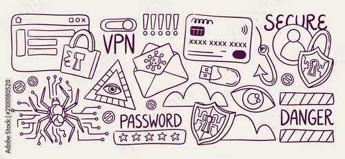hand drawn cybersecurity technology seamless pattern, vintage credit card vector illustration, purple password lock line art background, VPN shield sketch fabric print design, digital security wallpap