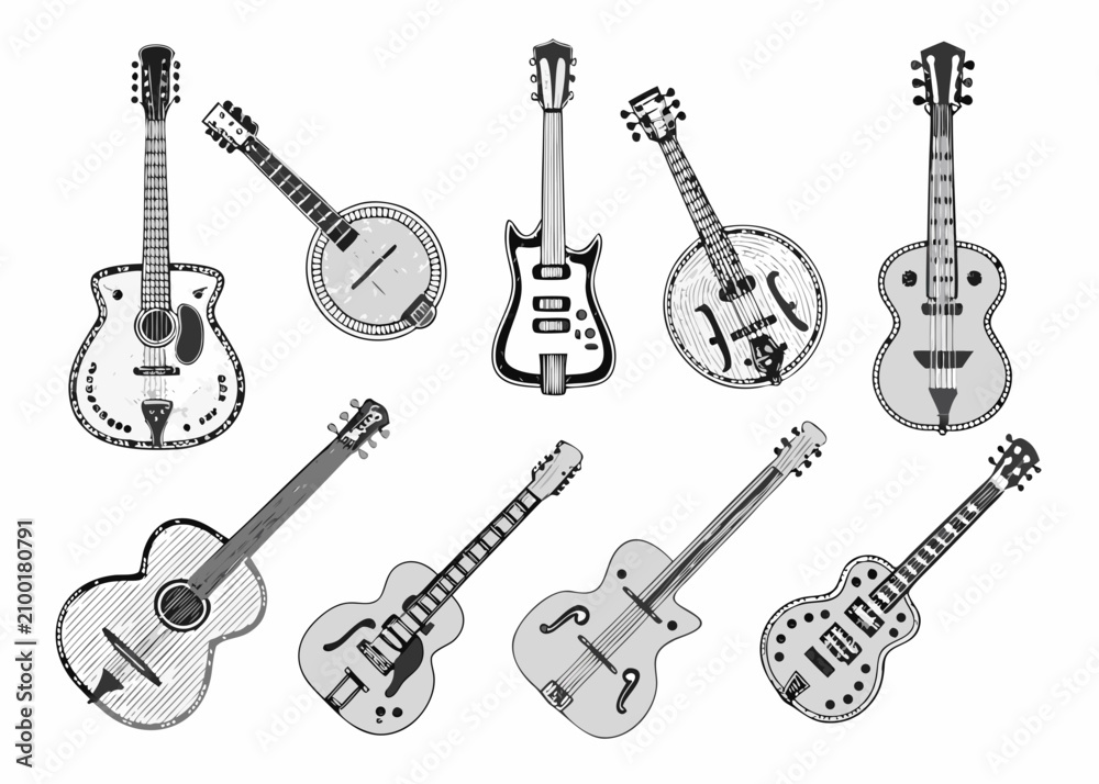 Fototapeta premium Nine Diverse Guitars And Banjos Monochrome Vector Illustration