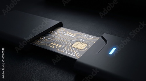 Smart Banking Card Gold Microchip Inserting into Reader Slot