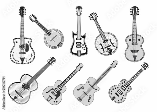 Bild auf Leinwand Nine Diverse Guitars And Banjos Monochrome Vector Illustration