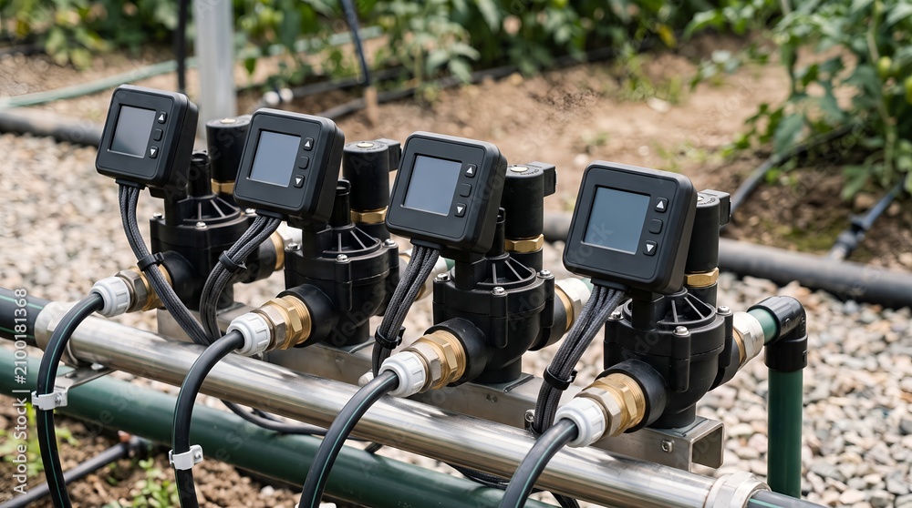 Fototapeta premium Automatic irrigation solenoid valves with electronic timers in greenhouse