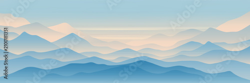 Tableau sur toile Sunset in the mountains, ridges in the evening light and fog, minimalistic lands