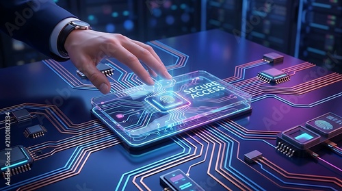 Secure access technology: Fingerprint scan on futuristic circuit board