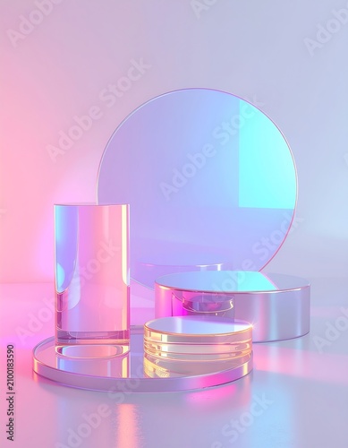 3D Iridescent Holographic Glass Circles and Frosted Cylinders 