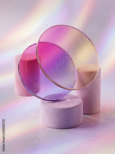 3D Iridescent Holographic Glass Circles and Frosted Cylinders 