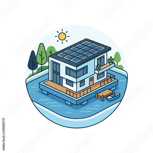 Modern houseboat with solar panels on water surrounded by nature illustration