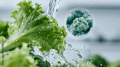 Close up of lettuce being washed under running water to reduce Cyclospora contamination. Food hygiene, produce cleaning and food safety concept with microbiology visualization